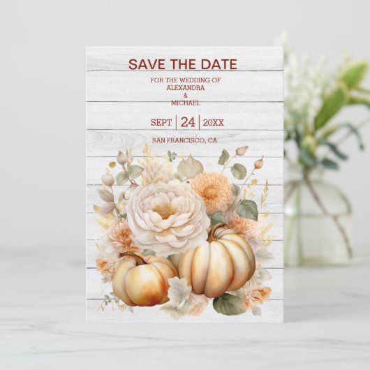 Boho Wit en Goud Glitter Pompoenen Bruiloft Save The Date (Staand voorkant)