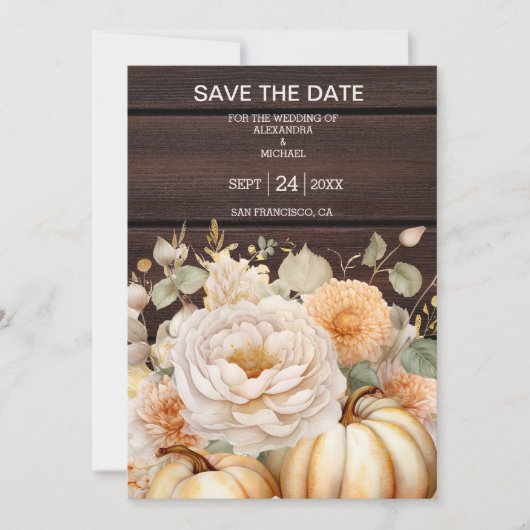 Boho Wit en Goud Glitter Pompoenen Bruiloft Save The Date (Voorkant)