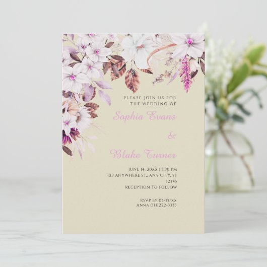 Boho Wit en Roze Bloemen Herfst Bamboe Bruiloft Kaart (Staand voorkant)