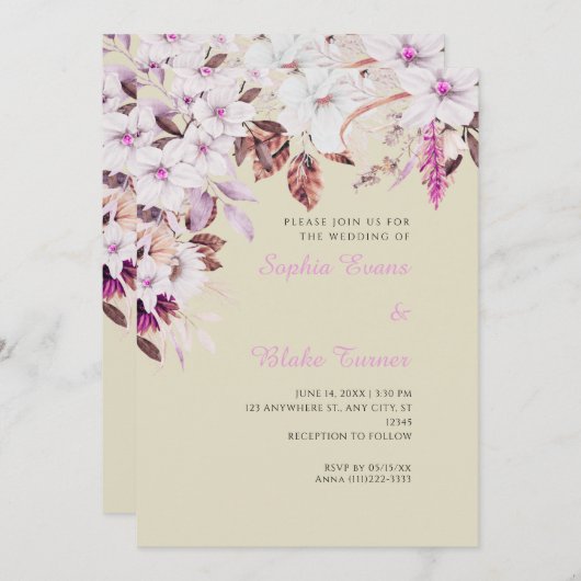 Boho Wit en Roze Bloemen Herfst Bamboe Bruiloft Kaart (Voorkant / Achterkant)