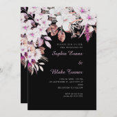 Boho Wit en Roze Bloemen Herfst Zwart Bruiloft Kaart (Voorkant / Achterkant)