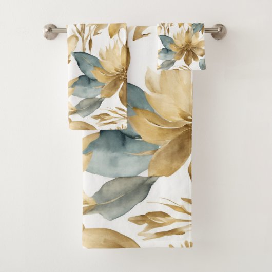 Boho Wit Goud Blauwgroen Bloem Bad Handdoek (Insitu)