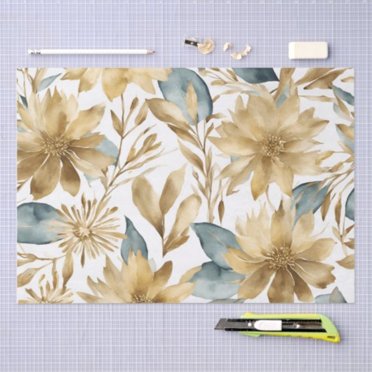 Boho Wit Goud Blauwgroen Bloem Tissuepapier (Craft)