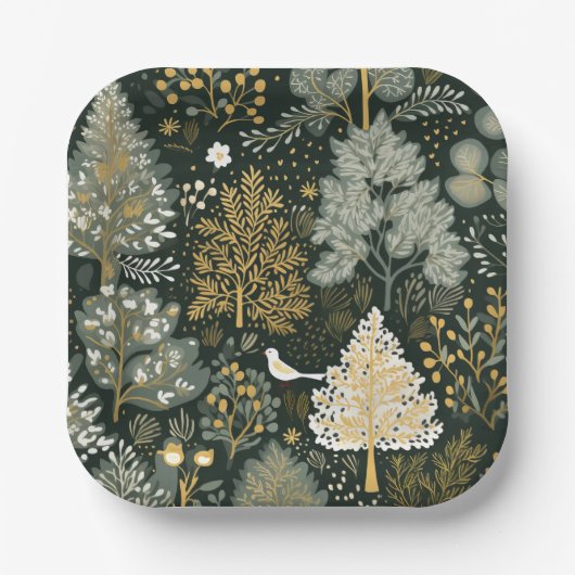  Boho Wit Groen Goud Kerstbomen Papieren Bordje (Voorkant)