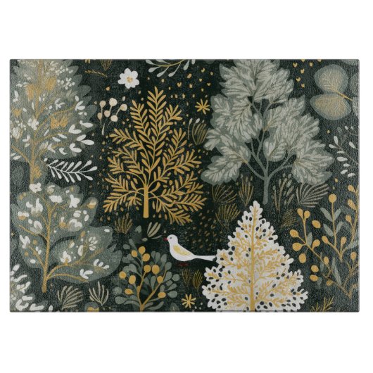  Boho Wit Groen Gouden Bomen Vogel Snijplank (Voorkant)
