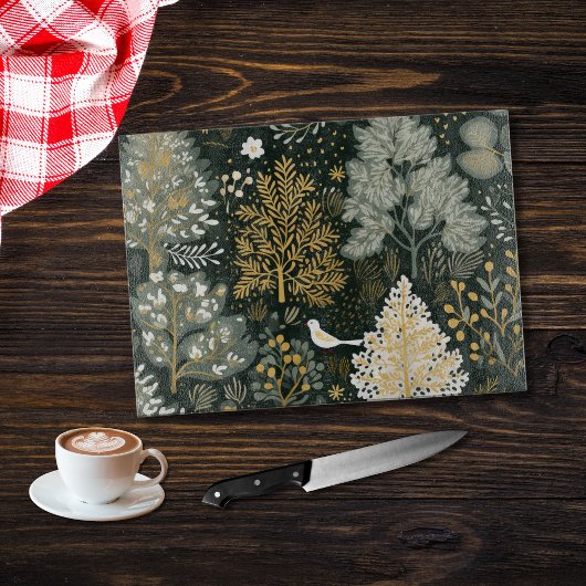 Boho Wit Groen Gouden Bomen Vogel Snijplank