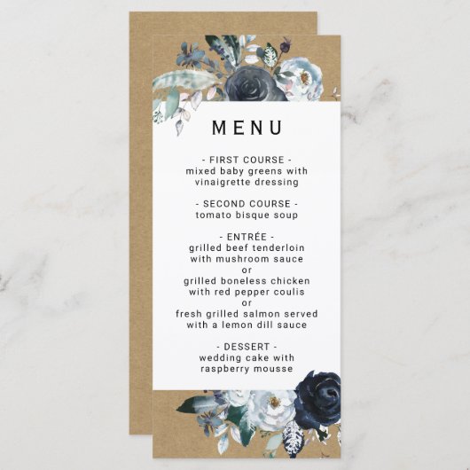 Boho wit marine pioen faux bruin kraft bruiloft menu (Voorkant / Achterkant)