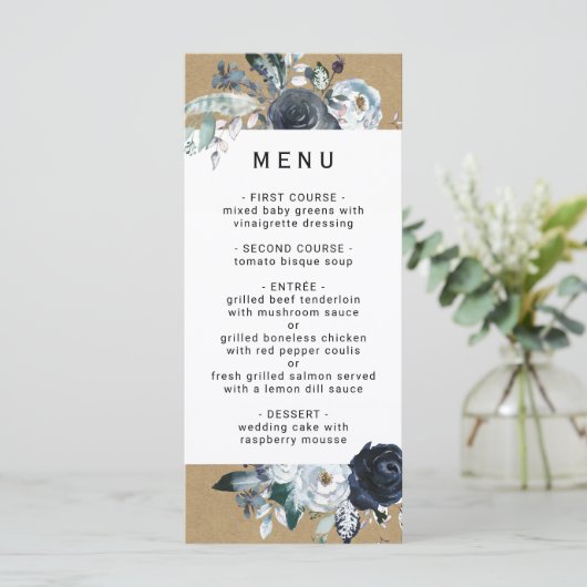Boho wit marine pioen faux bruin kraft bruiloft menu (Staand voorkant)