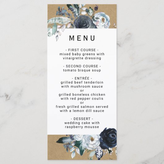 Boho wit marine pioen faux bruin kraft bruiloft menu (Voorkant)