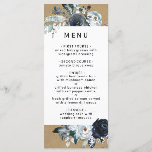 Boho wit marine pioen faux bruin kraft bruiloft menu