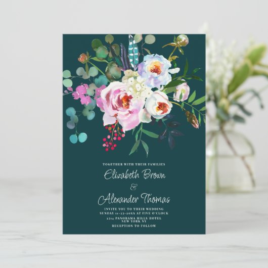 Boho wit roze bos groene pioen bloemenbruiloft kaart (Staand voorkant)