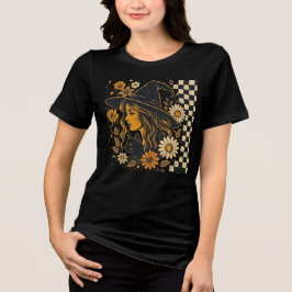 Boho Witch Cat Zonnebloem Halloween Donker T-shirt