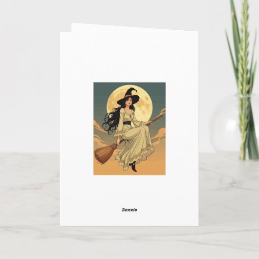 Boho Witchy Woman Astride Een Besom Vector Art Feestdagen Kaart (Achterkant)