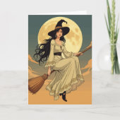 Boho Witchy Woman Astride Een Besom Vector Art Feestdagen Kaart (Voorkant)