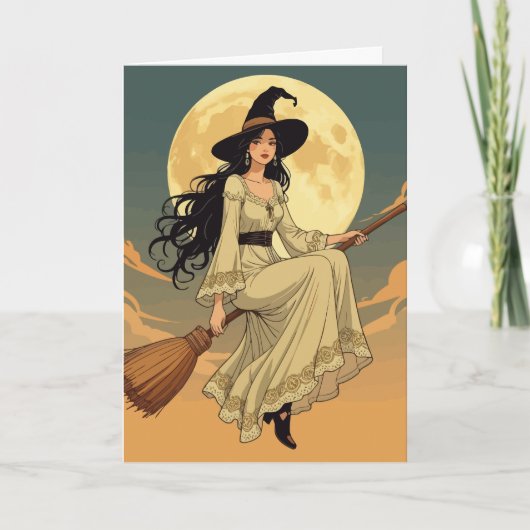 Boho Witchy Woman Astride Een Besom Vector Art Feestdagen Kaart (Voorkant)