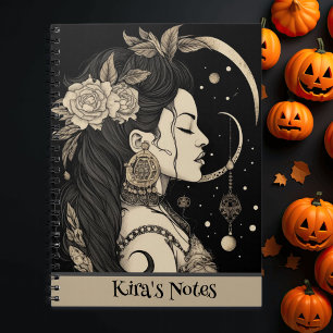 Boho Witchy Woman, Celestial Moon Stars, zwart Notitieboek