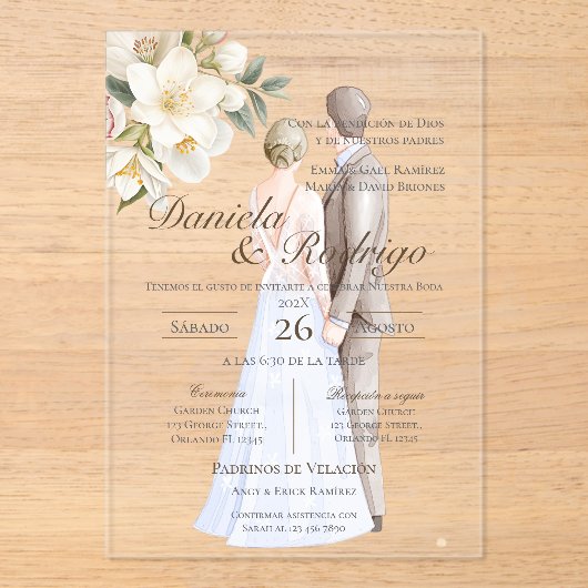 Boho with bride and groom wedding acryl uitnodigingen (Voorkant)