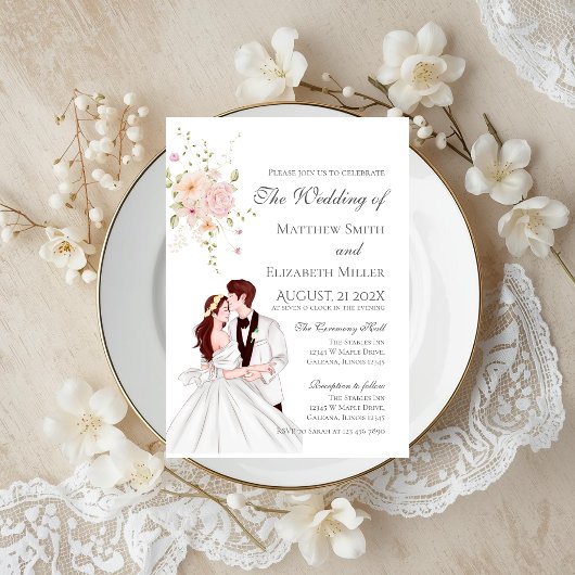 Boho with bride and groom wedding Invitation Kaart