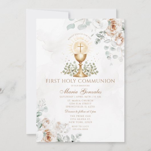 Boho Witte Bloem Eucharistie Eerste Heilige Commun Kaart (Voorkant)