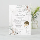 Boho Witte Bloem Zilver Kruis Jongen Biddend Doops Kaart (Staand voorkant)