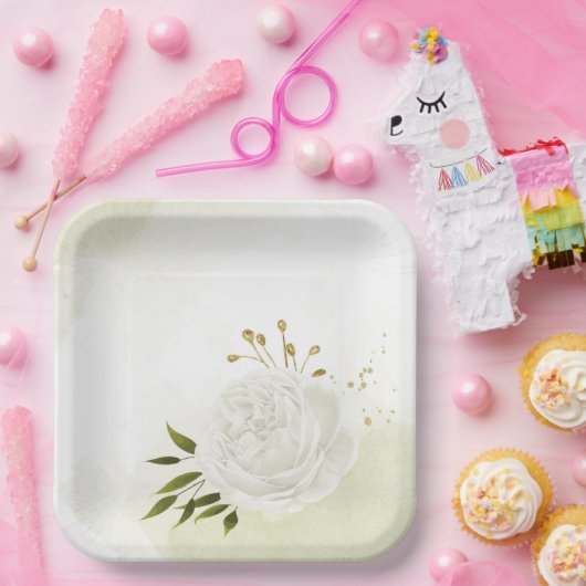 Boho witte bloemen groene bladeren botanisch papieren bordje (Feest)