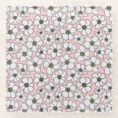 Boho witte bloemendruk op roze glazen onderzetter (Voorkant)