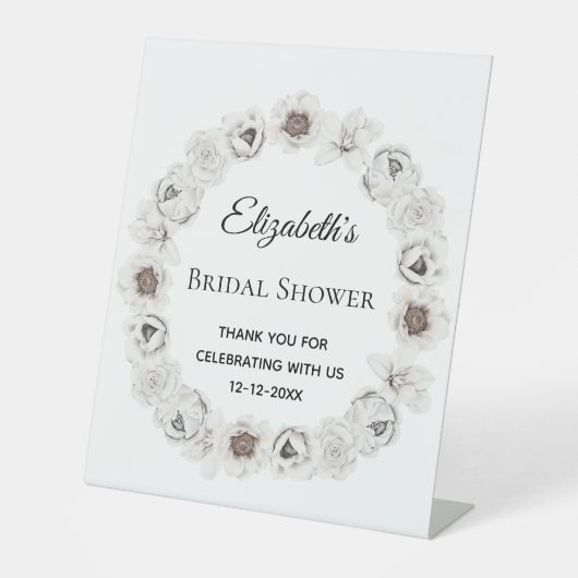 Boho witte bloemige bruidsdouche reclamebord met voetstuk (Voorkant)