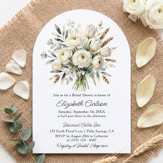 Boho witte bloemige gedroogde tarwe boog bruidsdou kaart