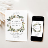 Boho witte bloemige groene krans bruiloft kaart