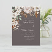 Boho Witte Bloemige Herfst Asgrijze Bruiloft Kaart (Staand voorkant)