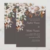 Boho Witte Bloemige Herfst Asgrijze Bruiloft Kaart (Voorkant / Achterkant)