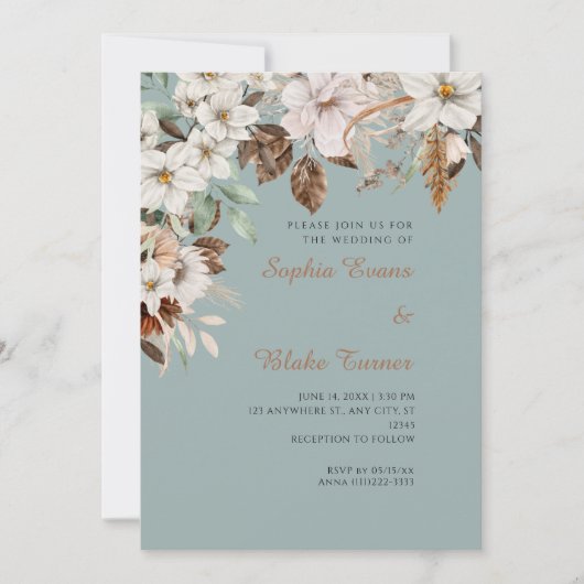 Boho Witte Bloemige Herfst Groene Trouw Kaart (Voorkant)