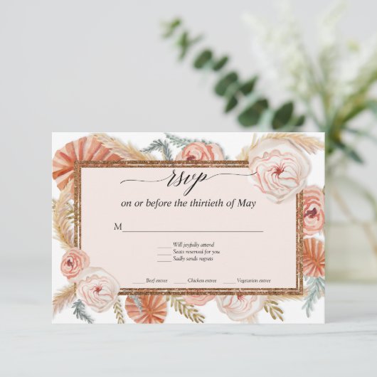 Boho Witte Bloemige Tropische Palm Pampas Gras RSV RSVP Kaartje (Staand voorkant)