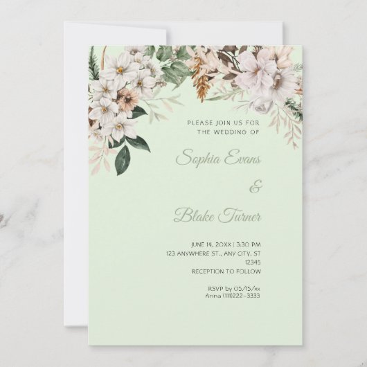Boho Witte Bloemige Winter Lichtgroene Trouw Kaart (Voorkant)
