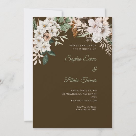 Boho Witte Bloemige Winter Mocha Bruine Bruiloft Kaart (Voorkant)