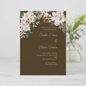 Boho Witte Bloemige Winter Mocha Bruine Bruiloft Kaart (Staand voorkant)