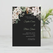 Boho Witte Bloemige Winter Zwarte Bruiloft Kaart (Staand voorkant)