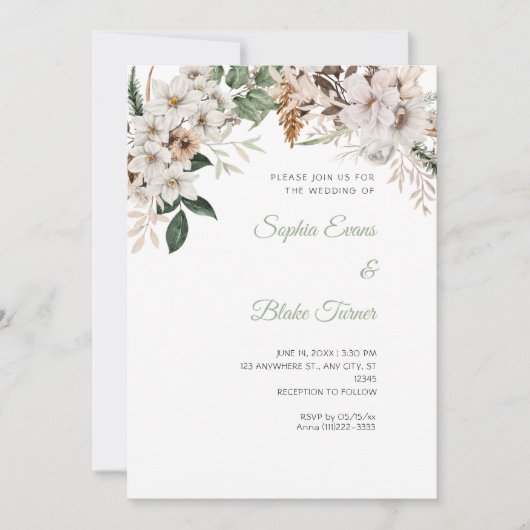 Boho Witte Bloemige Witte Winter Bruiloft Kaart (Voorkant)