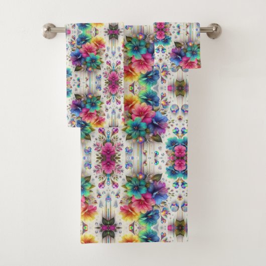 Boho Witte Bloemrijke Regenboog Bad Handdoek (Insitu)