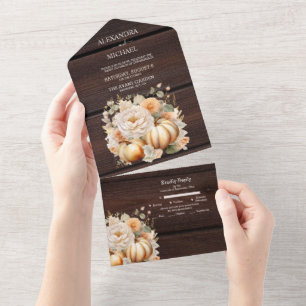 Boho Witte en Gouden Glitter Pompoenen Bruiloft All In One Uitnodiging