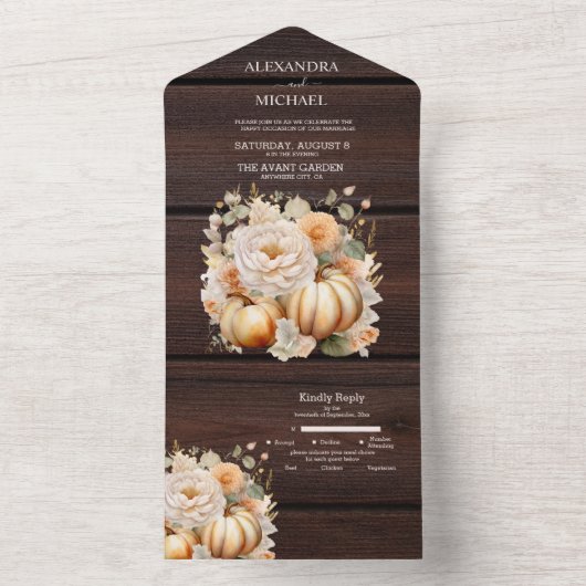 Boho witte en gouden glitters pompoenen bruiloft all in one uitnodiging (Binnen)