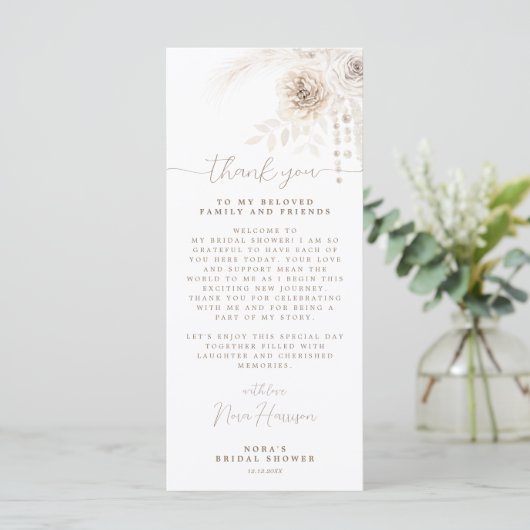 Boho Witte en Neutrale Bloemen Dank u Plaatskaart Menu (Staand voorkant)