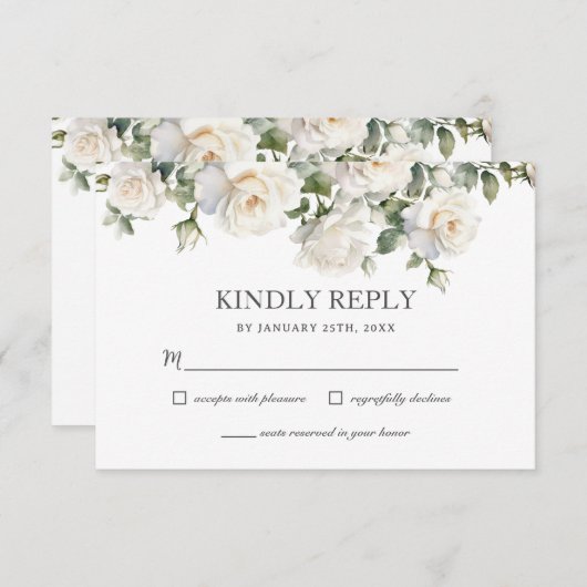 Boho witte ivoor Rozen bloemengroen bruiloft RSVP Kaartje (Voorkant / Achterkant)