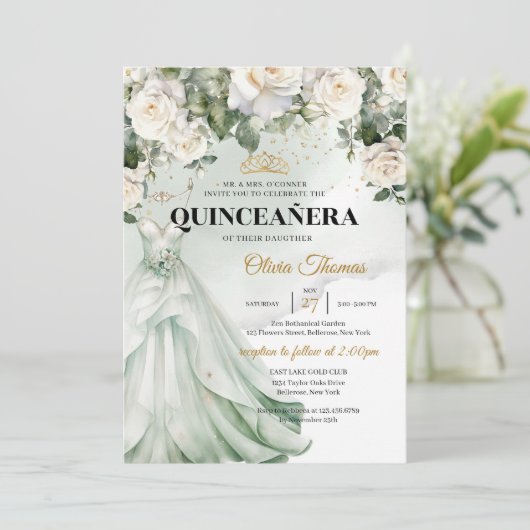 Boho Witte Jurk & Witte Rozen Groen en Goud Kaart (Staand voorkant)