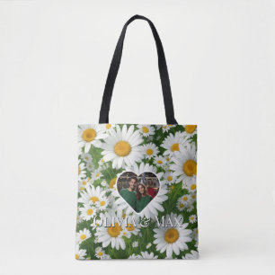 Boho witte madeliefjes bloemenfoto sjabloon tote bag