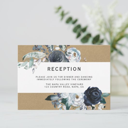 Boho Witte Marine Pioen Kraft Bruiloft Receptie Informatiekaartje (Staand voorkant)