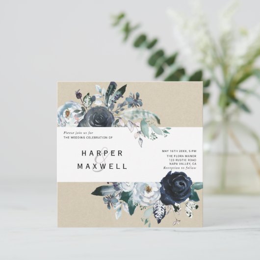 Boho Witte Marine Pioen Kraft Bruiloft Vierkant Kaart (Staand voorkant)