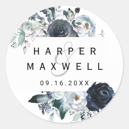 Boho Witte Navy Pioen Waterverf Bruiloft Ronde Sticker (Voorkant)