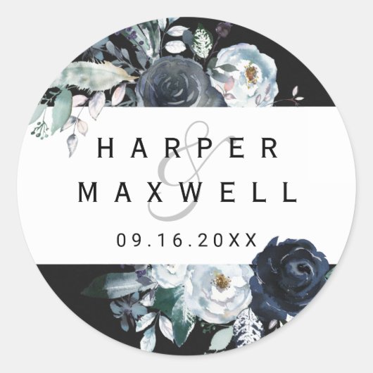 Boho Witte Navy Pioen Waterverf Bruiloft Zwart Ronde Sticker (Voorkant)