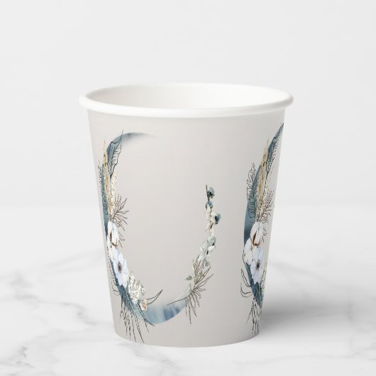 Boho Witte Orchidee Bloemen Blauwe Maan Elegant Pa Papieren Bekers (Voorkant)